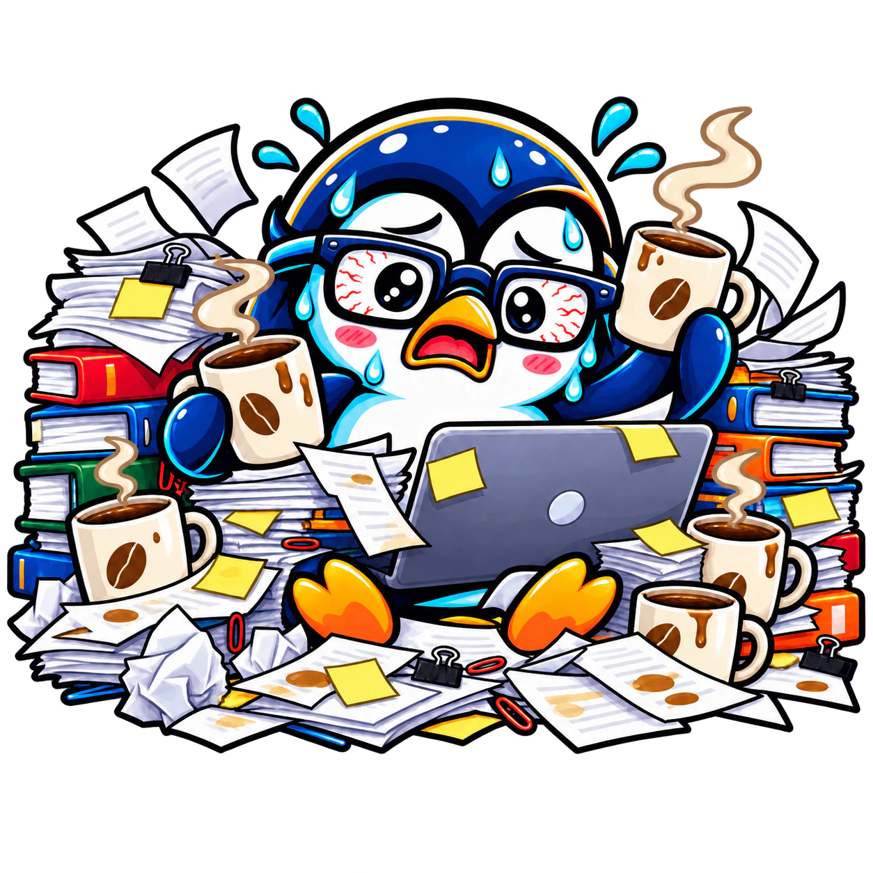 12h+ work, 8–10 coffees